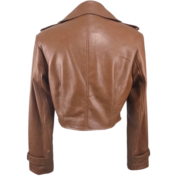 7 For All Mankind Cognac Brown Faux Leather Cropped Moto Jacket S Quiet Luxury - Picture 7 of 15